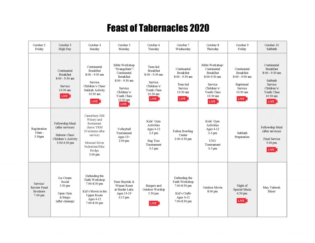 Feast of Tabernacles 2020 Event Calendar - Yahweh's Restoration Ministry
